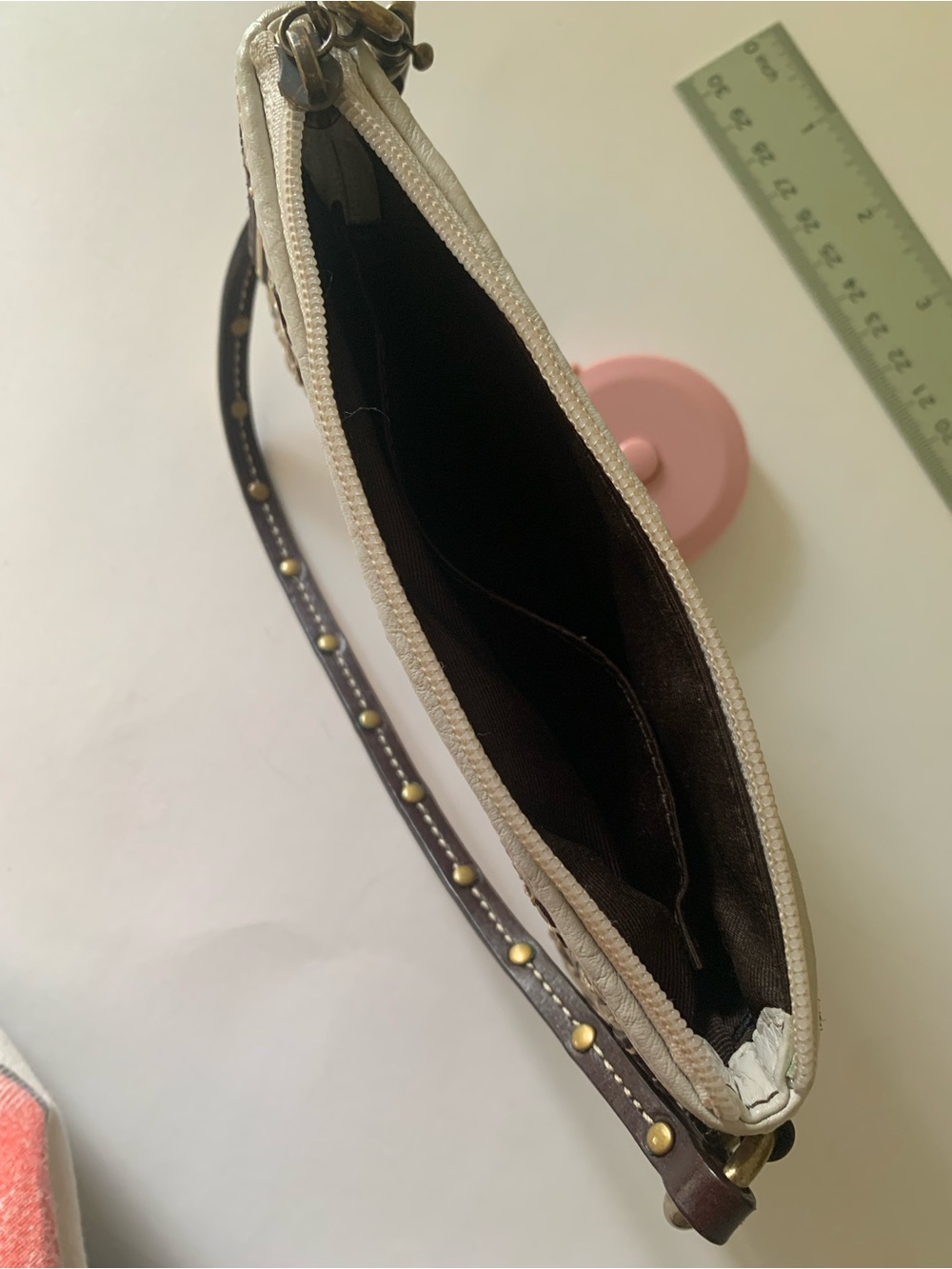 Coach Soho Embroidered Stitch Studded Wristlet, Pebbled White Leather, Gold Stud - Picture 11 of 14